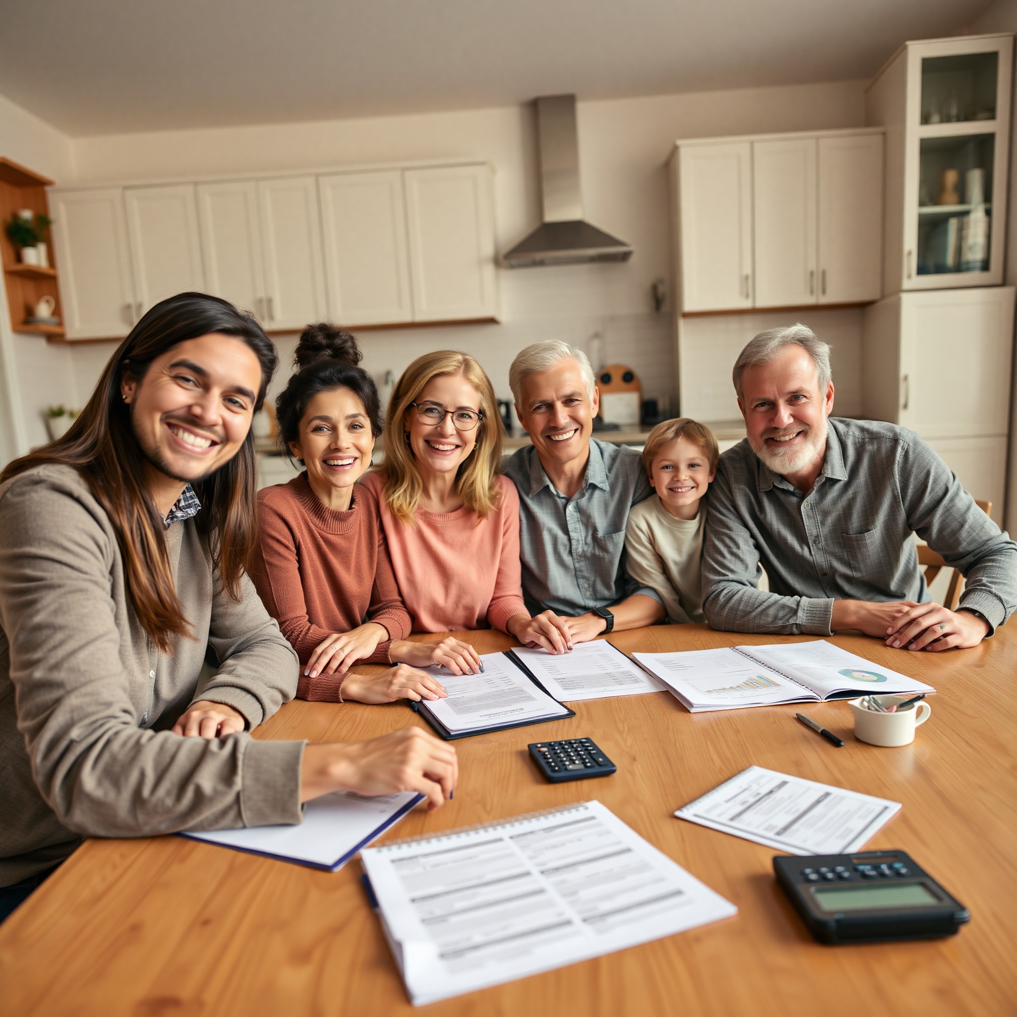 Multi-generational family at kitchen table with budgeting materials, planner, calculator spread across surface