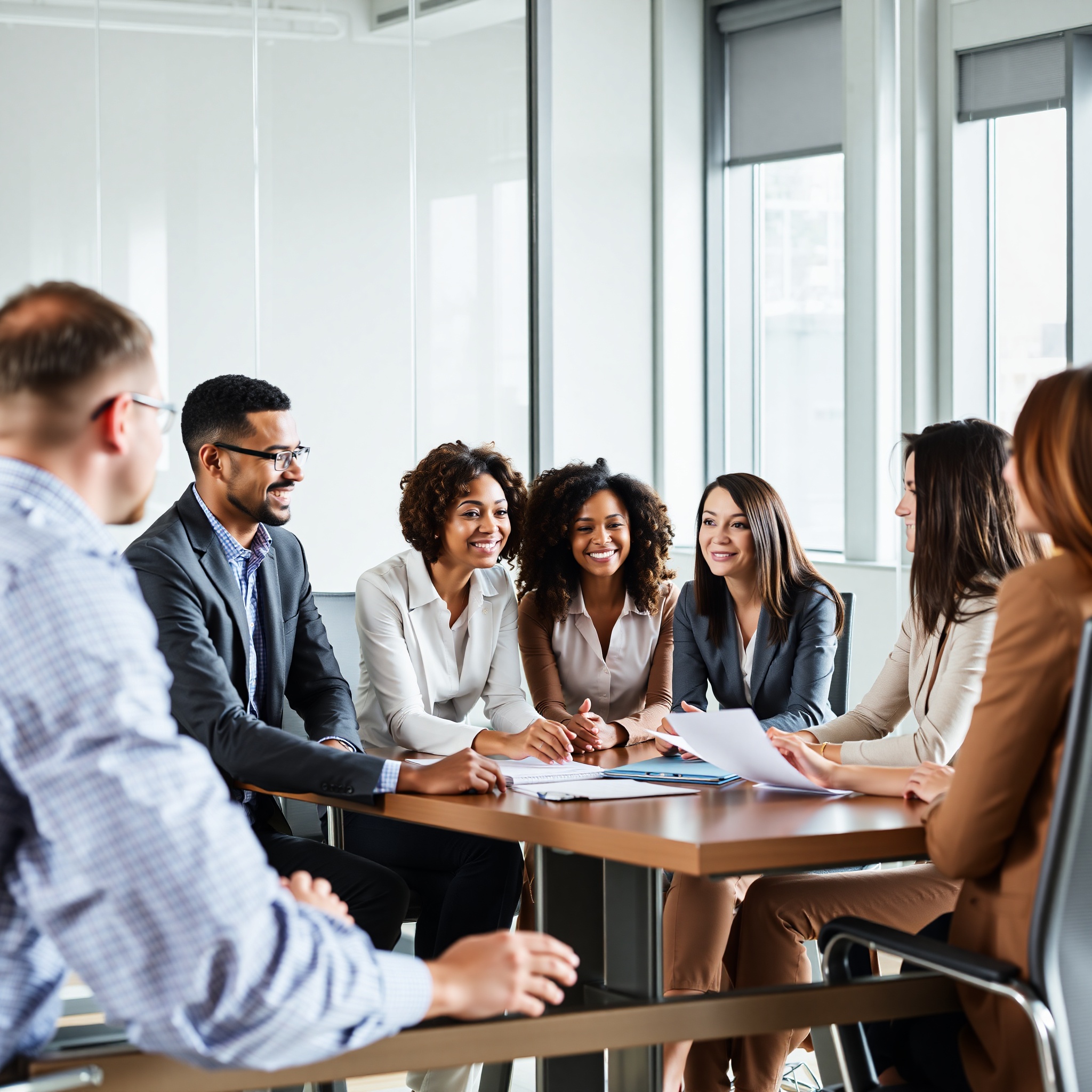Diverse group of Canadians discussing financial planning with advisor in professional meeting room