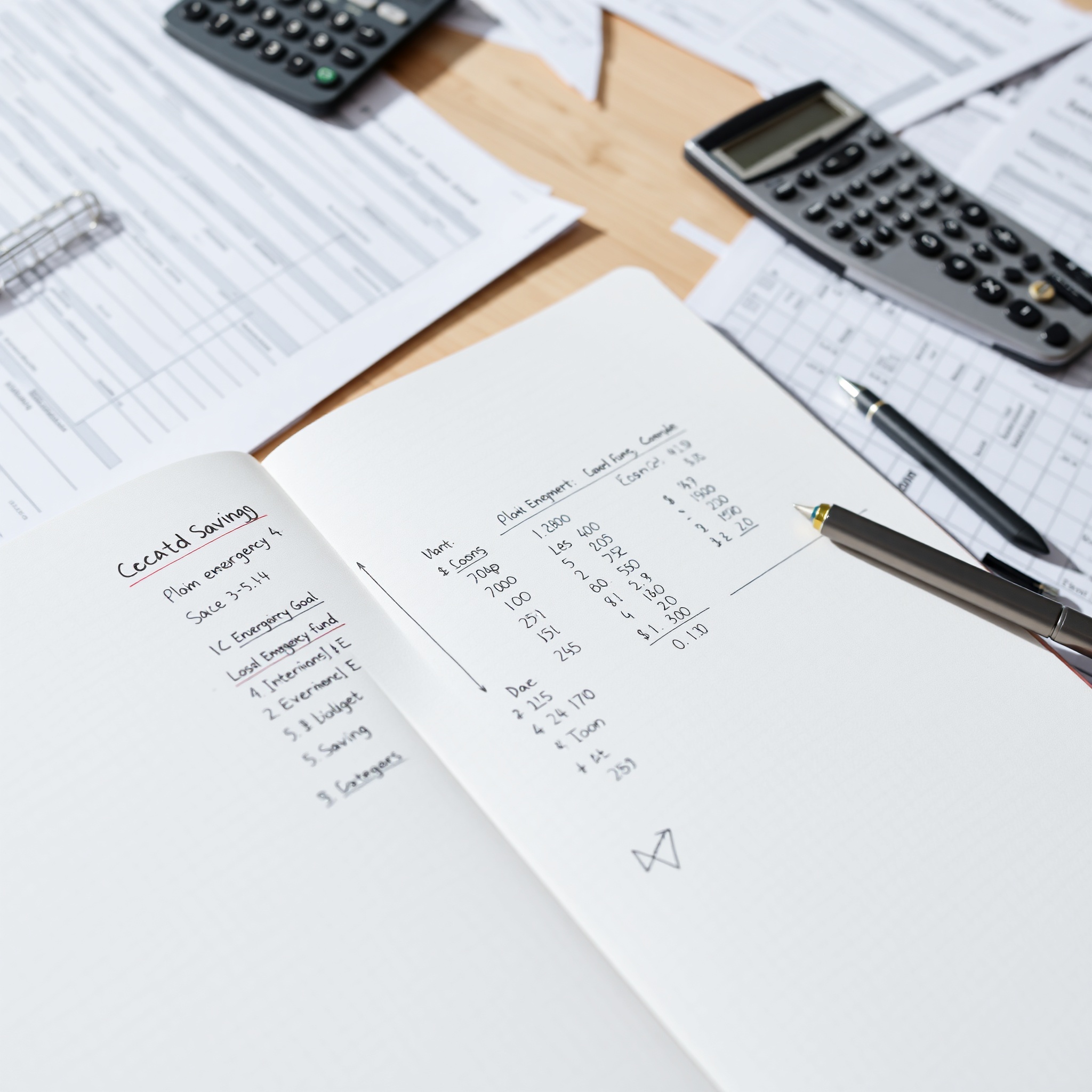 Professional photo showing notebook with financial calculations and target savings goals written on pages