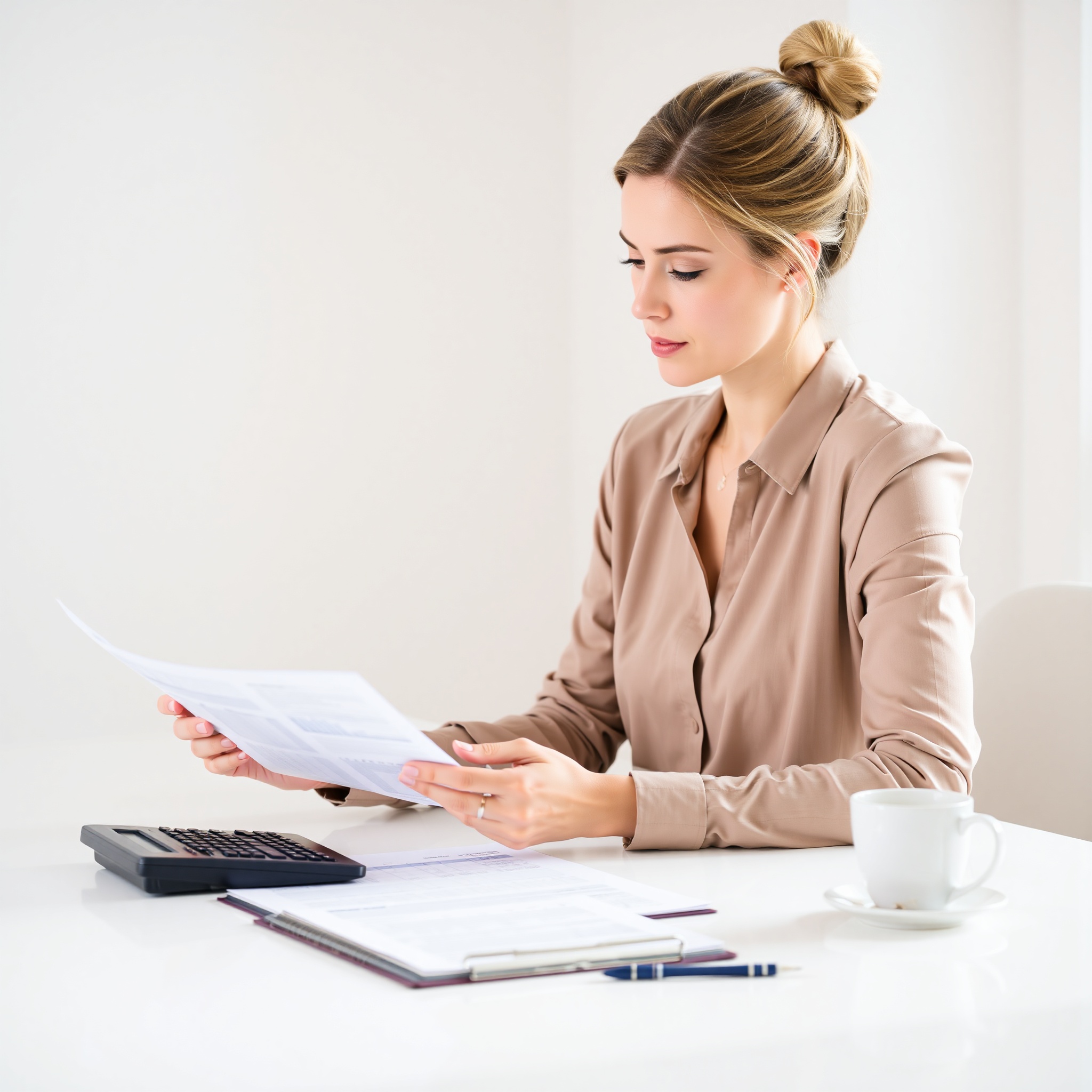 Professional photo of person reviewing financial documents with calculator and notebook at modern desk