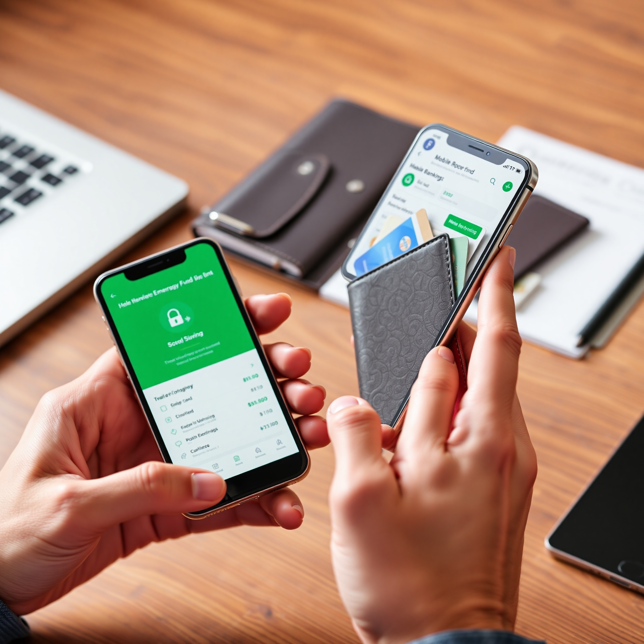 Person using mobile banking app on smartphone with wallet and credit cards nearby