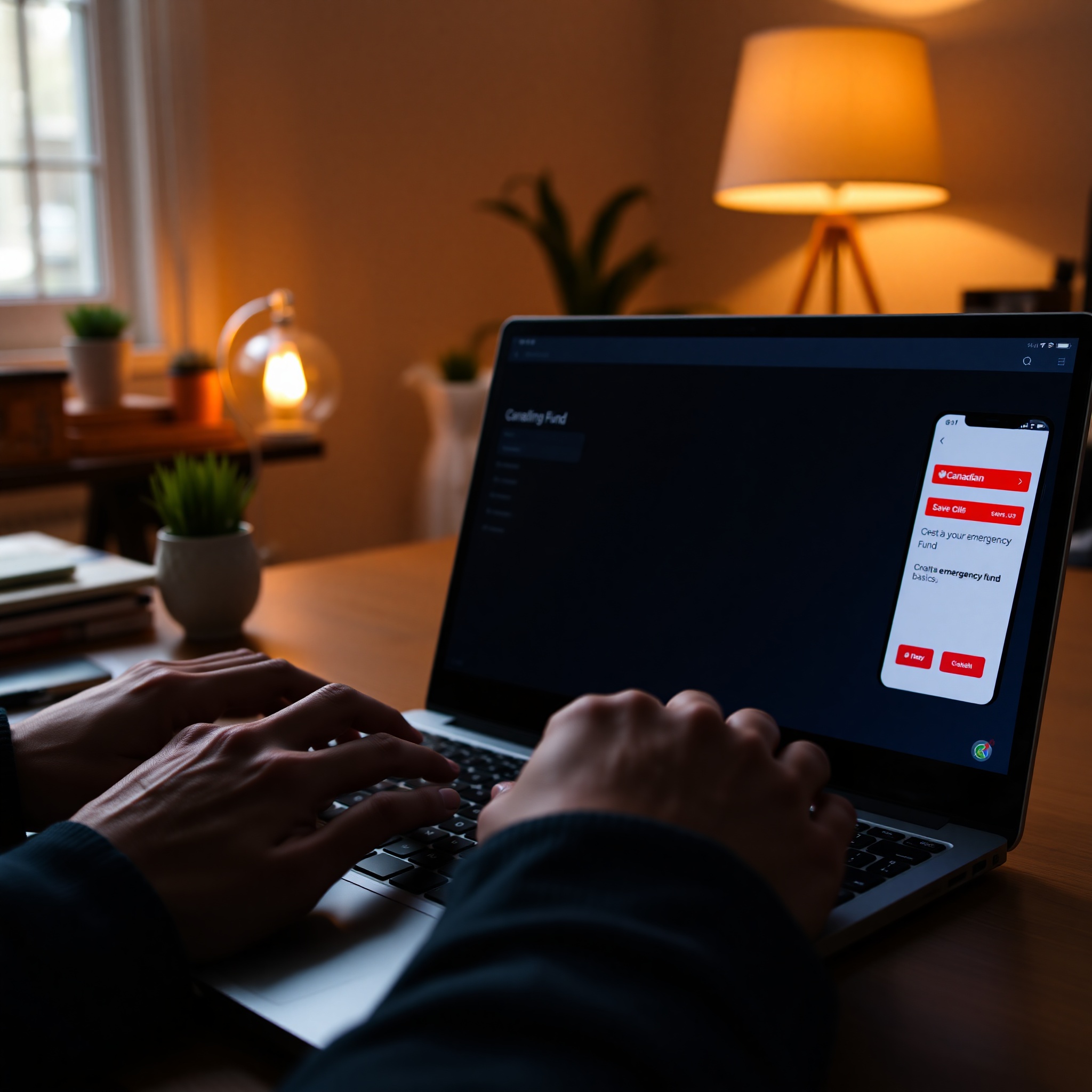 Close-up of hands typing on laptop keyboard showing banking website interface with account details visible on screen