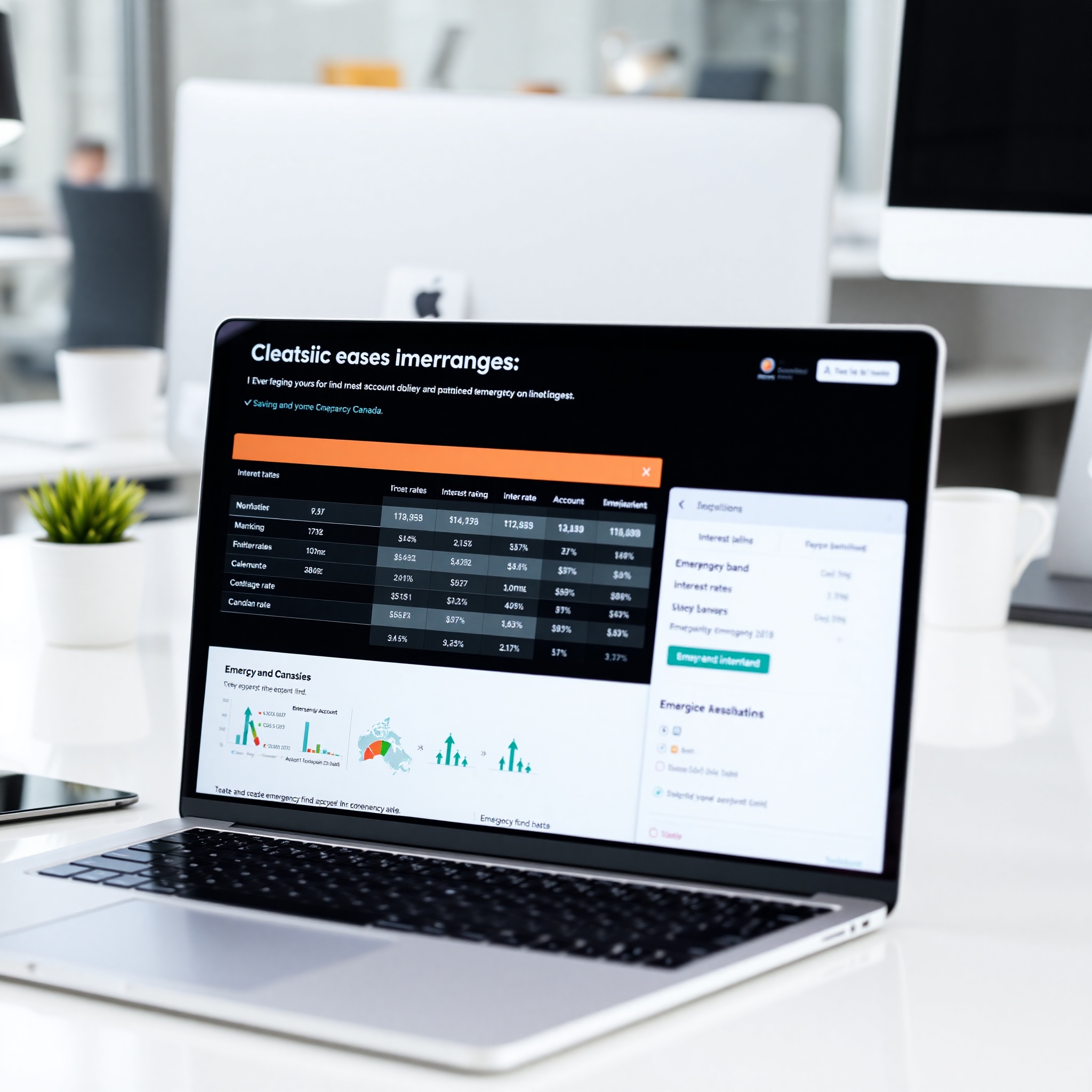 Laptop screen displaying high-interest savings account comparison chart with bank logos and interest rate percentages
