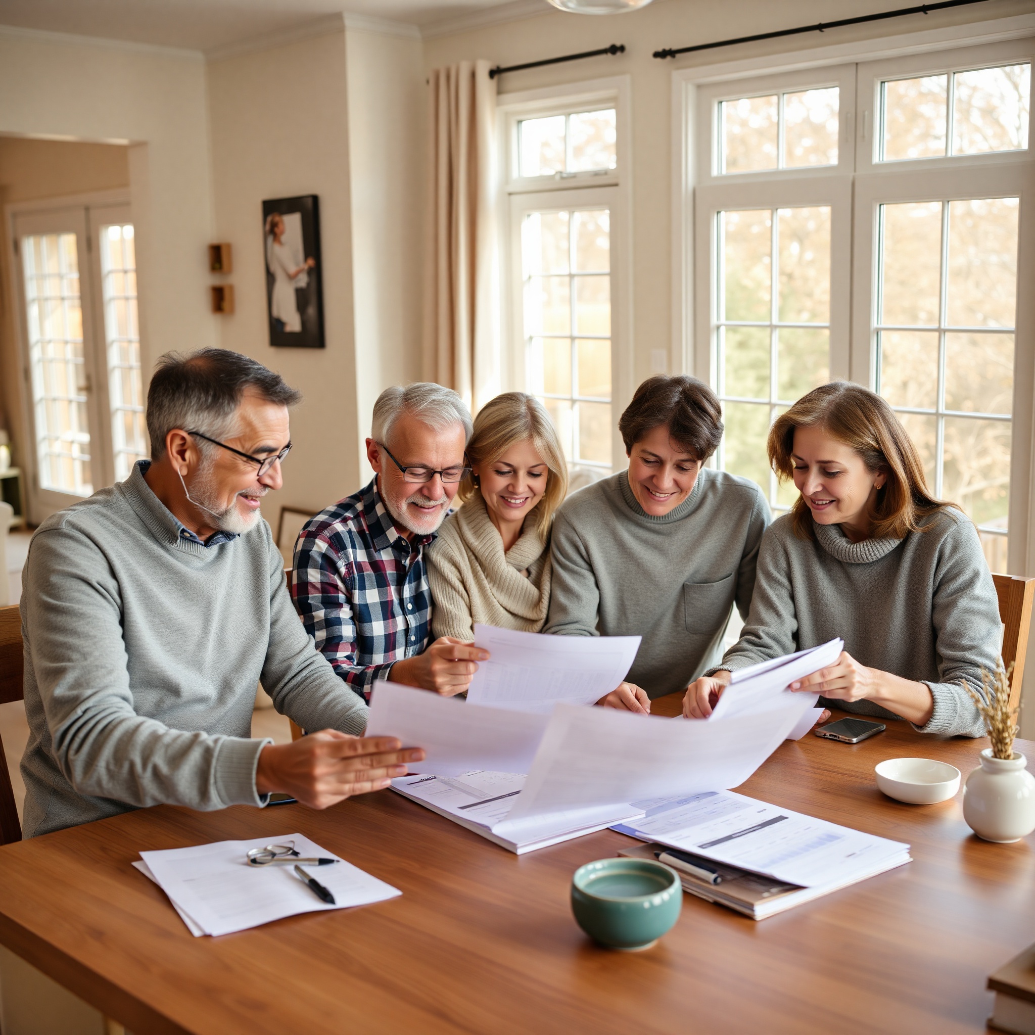 Canadian family sitting together reviewing financial documents with positive expressions