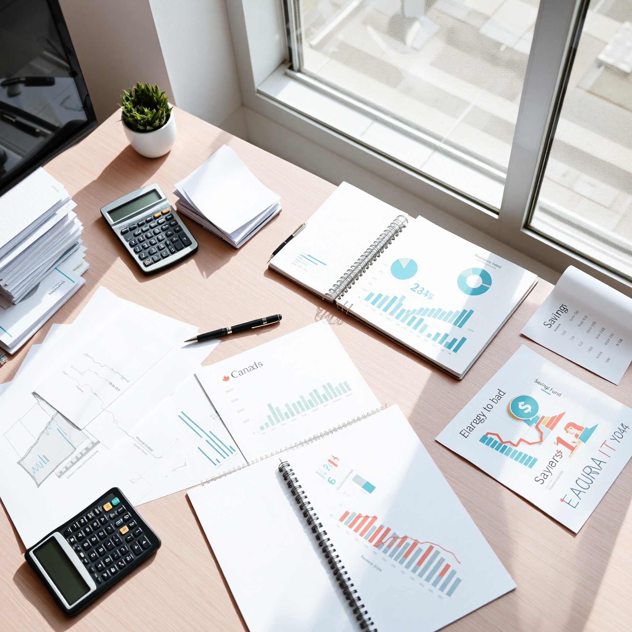 Professional workspace with financial documents and calculator showing savings calculations