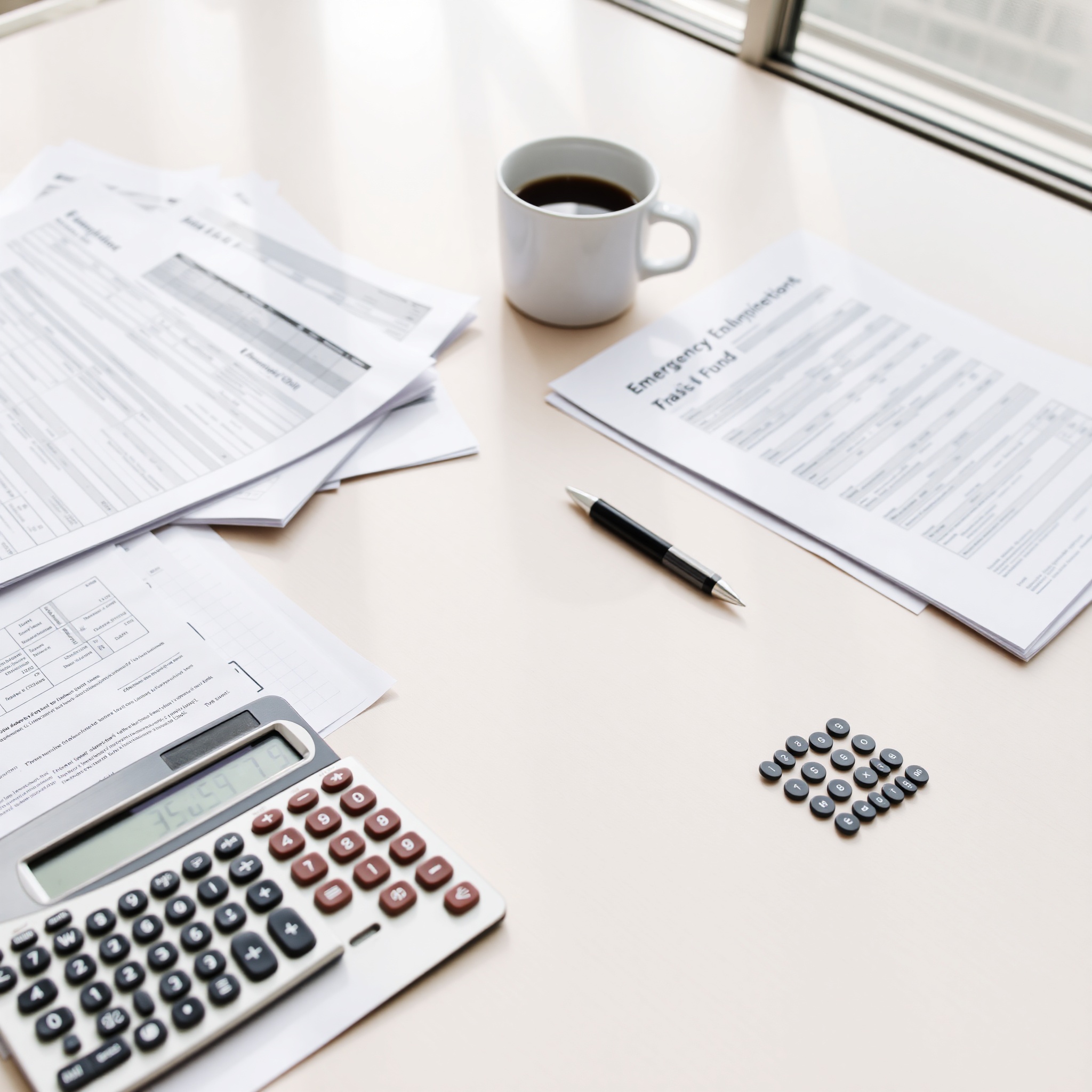 Professional workspace with financial documents and calculator showing savings calculations