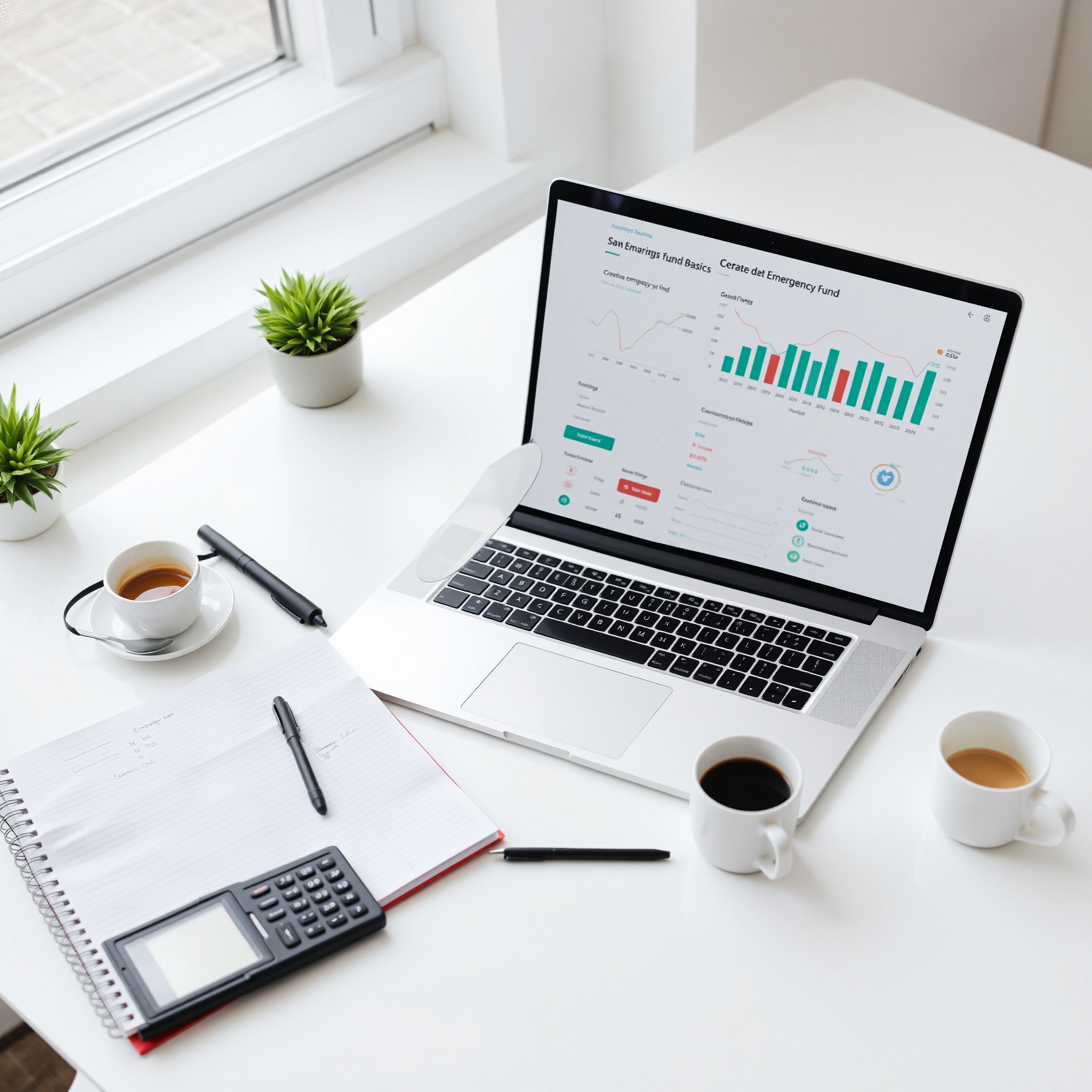 Professional workspace showing laptop with financial dashboard and organized documents on desk