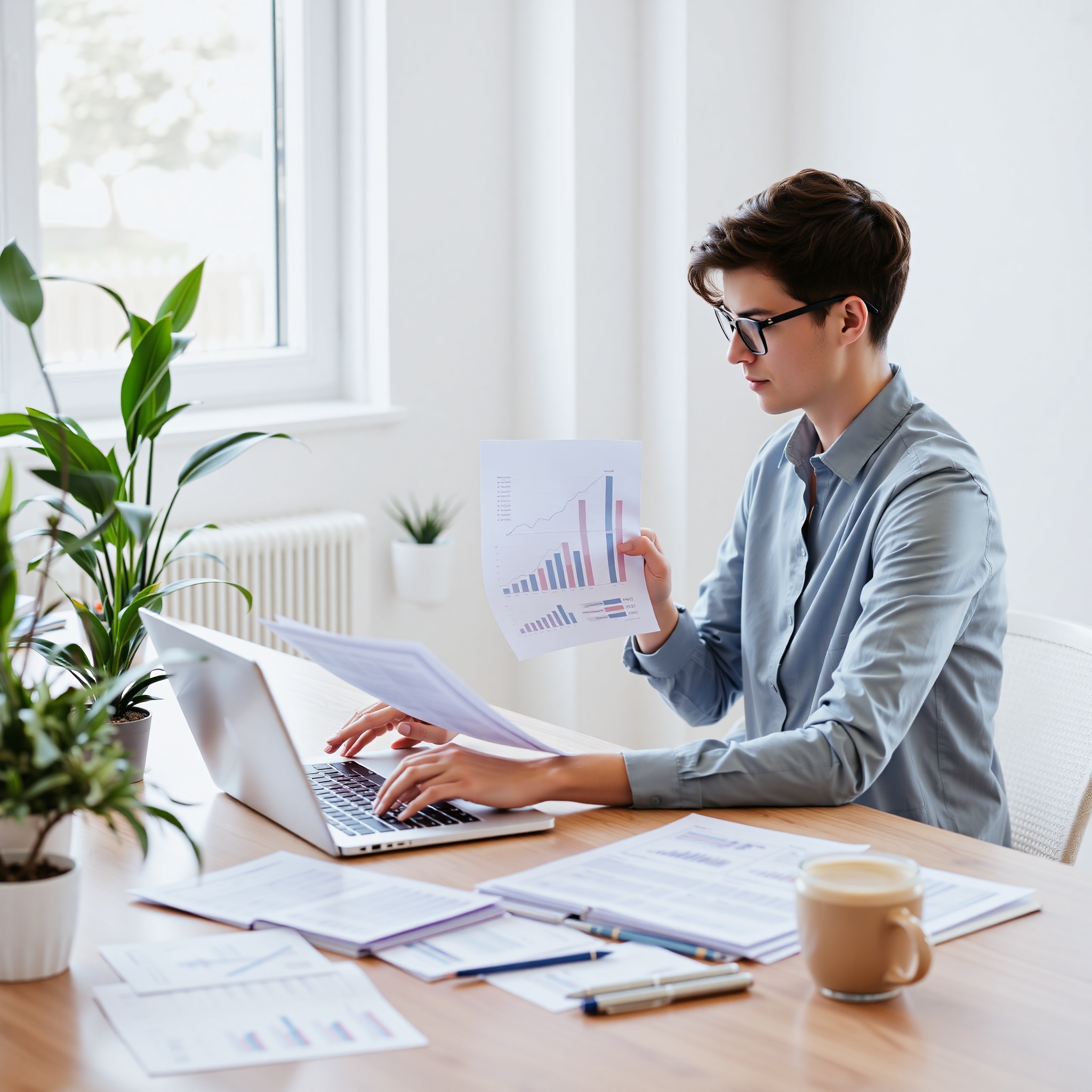 Professional photo of person reviewing financial statements showing savings account growth chart on laptop screen, modern workspace with plants and coffee, natural daylight