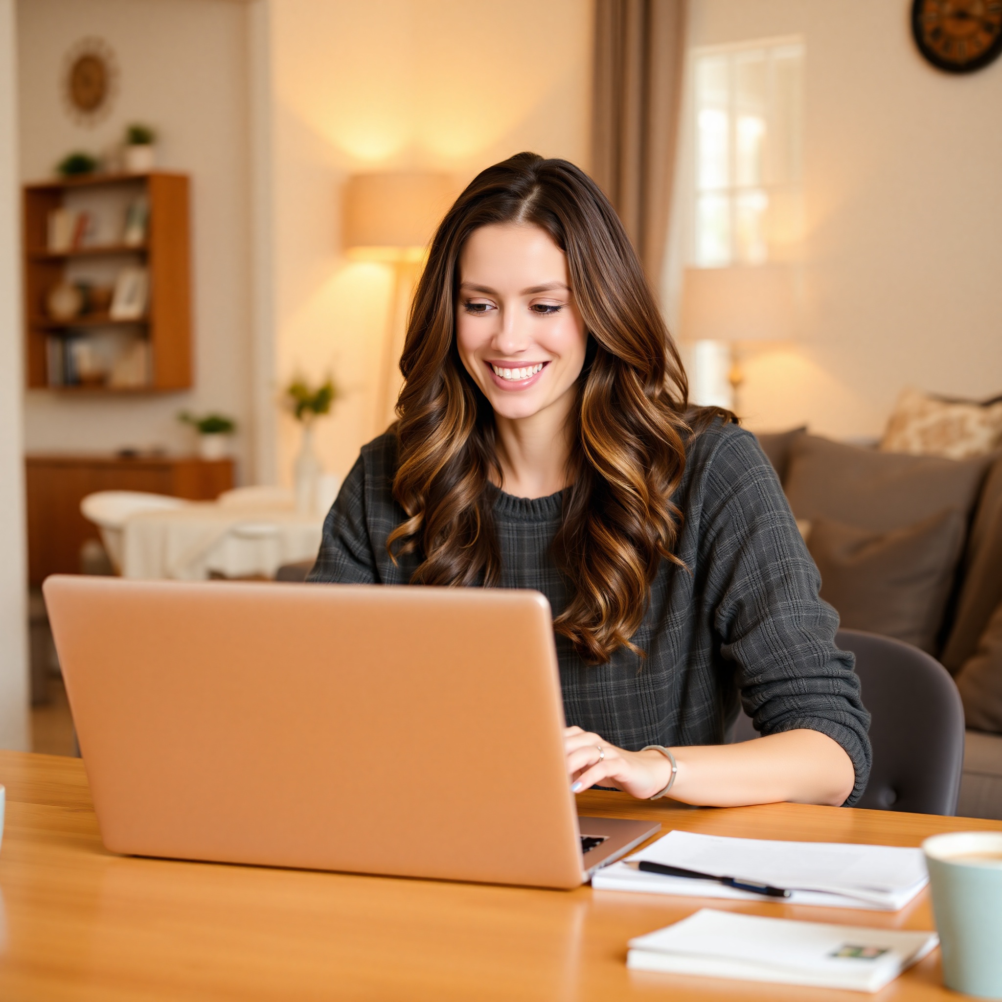 Young woman smiling while reviewing savings account on laptop in comfortable home setting