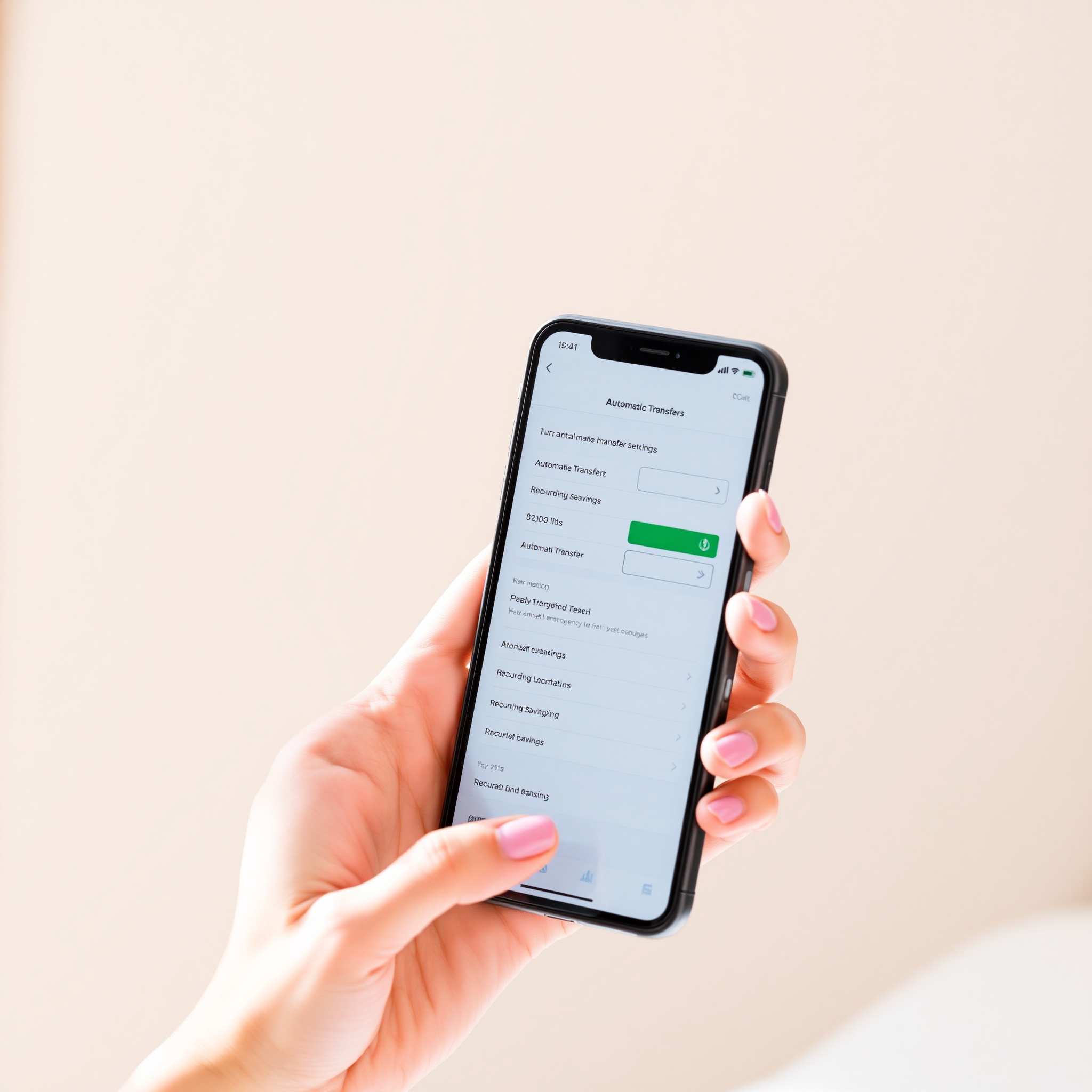 Professional photo of automated savings setup on mobile phone screen with recurring transfer settings visible