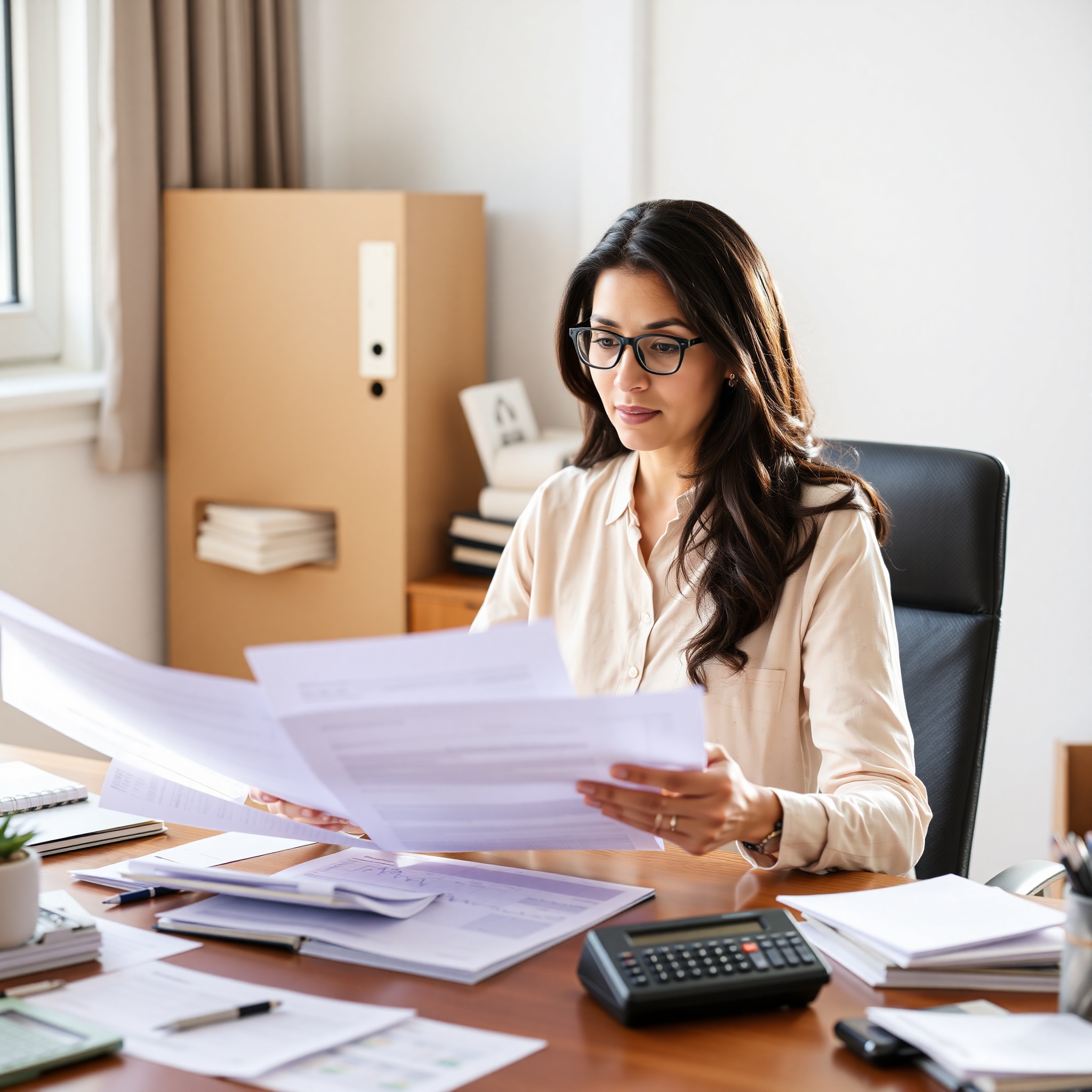 Professional woman reviewing financial documents at desk with calculator, pen, and organized papers, natural sunlight from office window