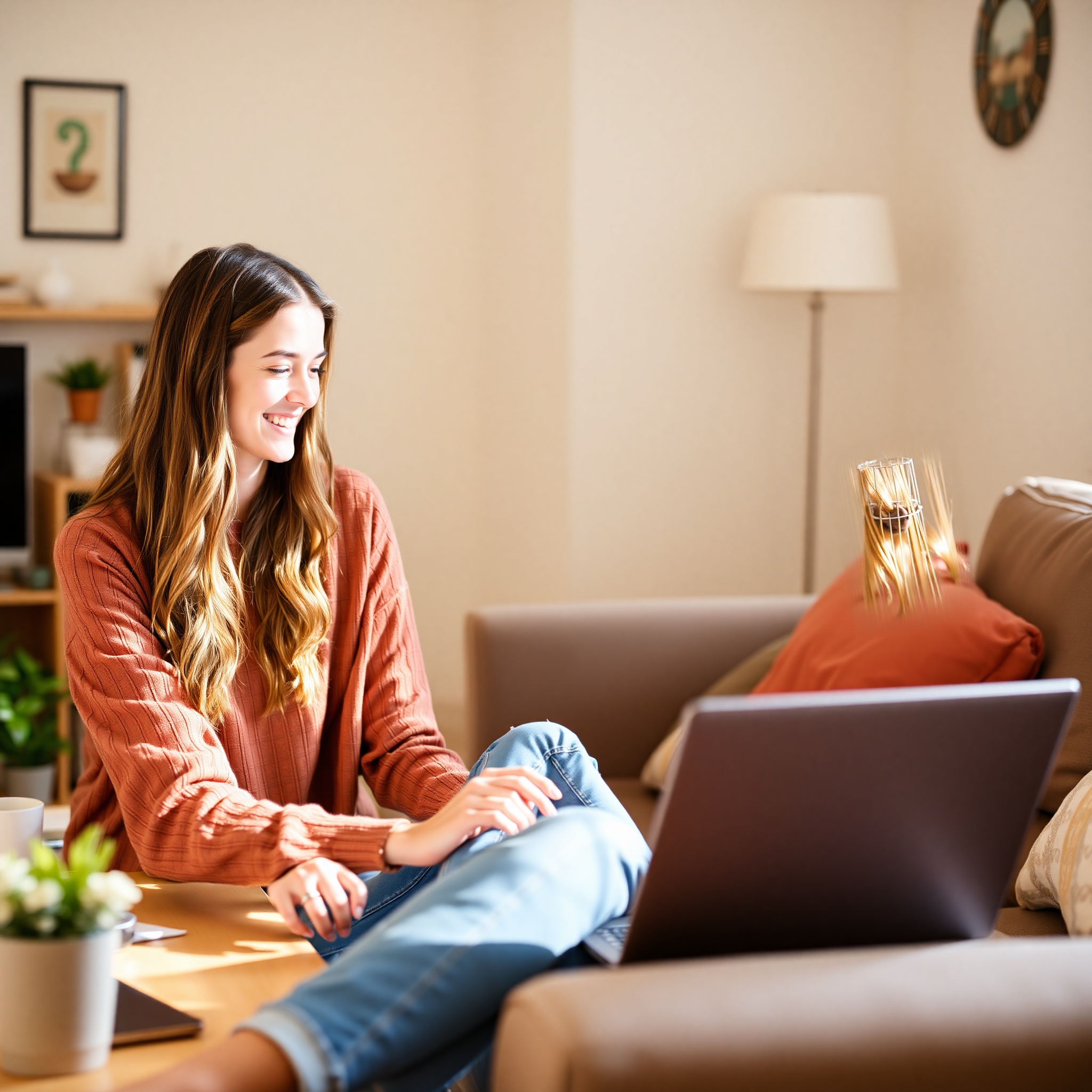 Young woman smiling while reviewing savings account on laptop in comfortable home setting